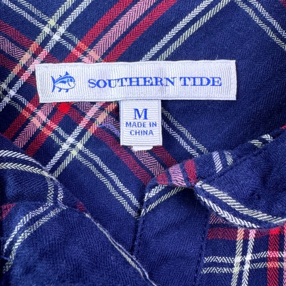 Southern Tide Women's Plaid Shirt Dress Size Medium Long Sleeve Roll Tab Navy - Picture 8 of 12